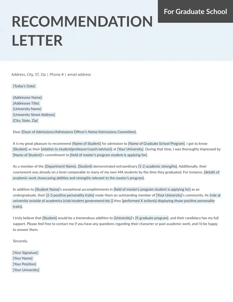 Academic Letter Of Recommendation For Graduate School