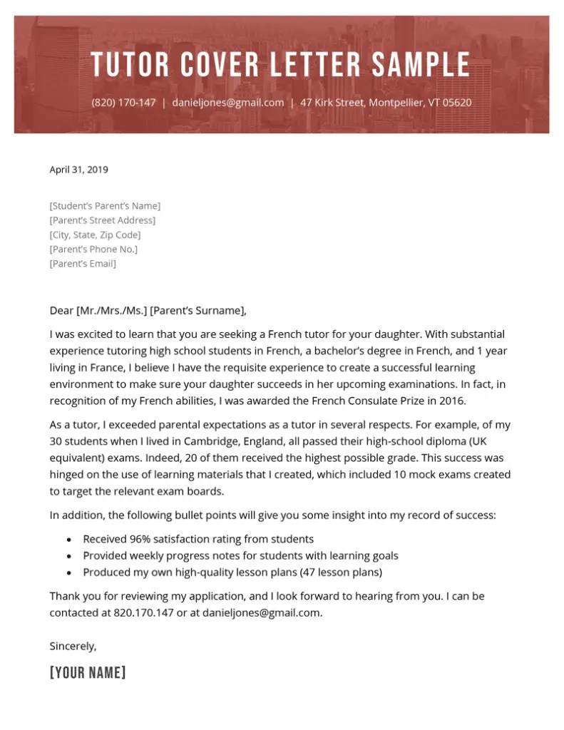 Tutor Cover Letter (Free Downloadable Sample) Resume Genius