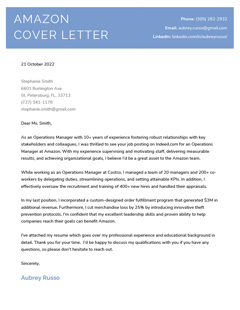 Amazon Cover Letter Example (Free Download)