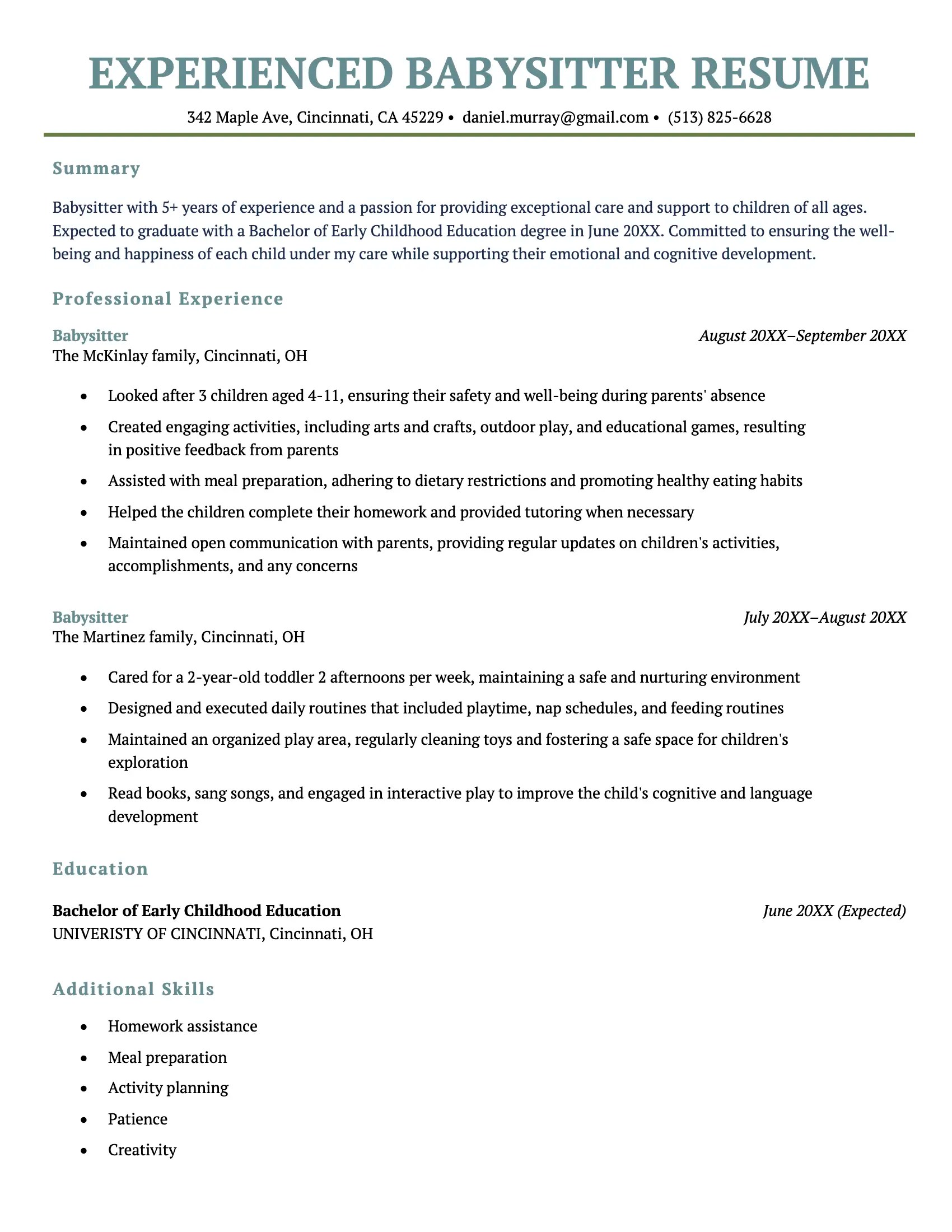 Babysitter Resume (Example & Writing Tips)