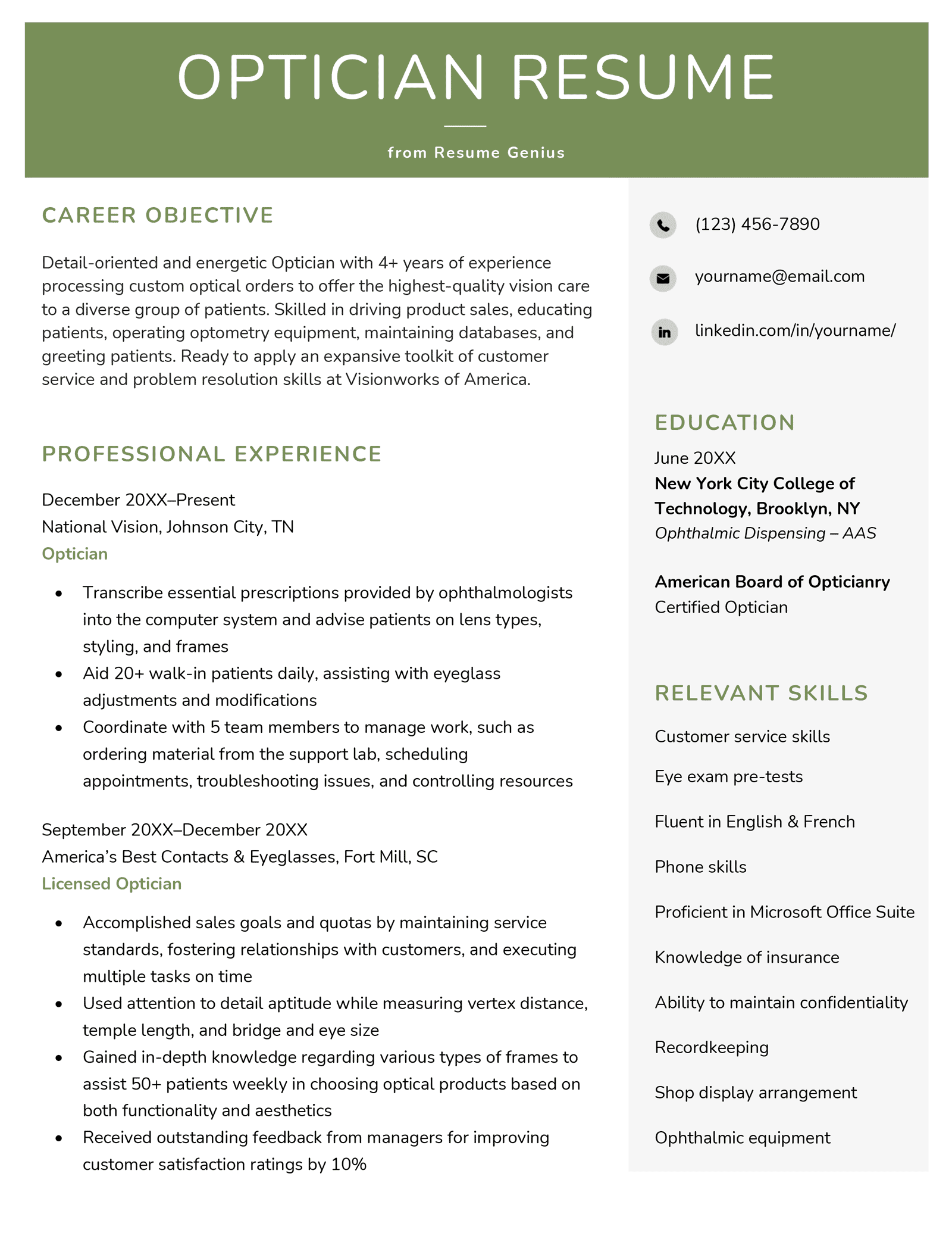 Optician Resume Example & 20+ Skills to List