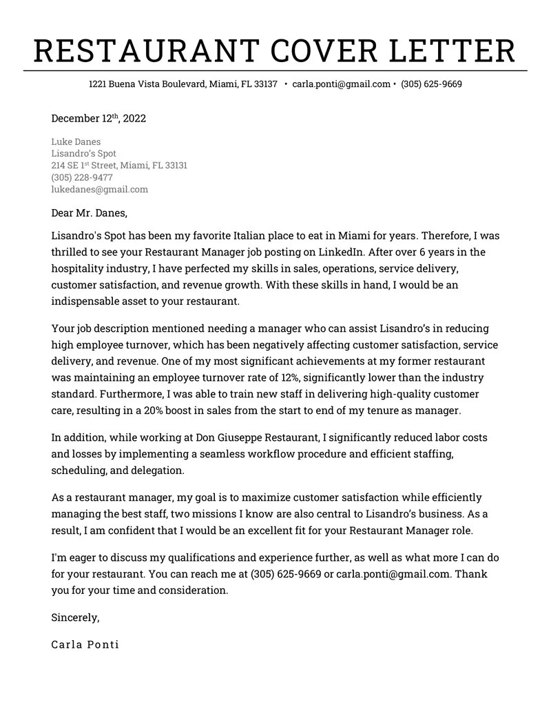 Restaurant Cover Letter Example & Downloadable Template