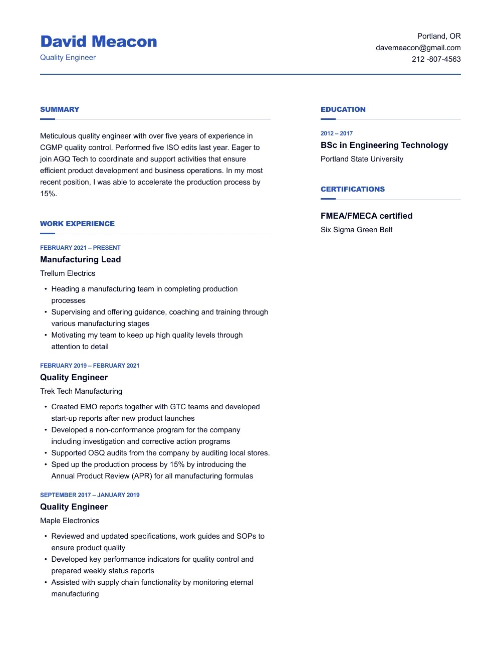 Quality Engineer Resume Example and Tips from HR Professionals