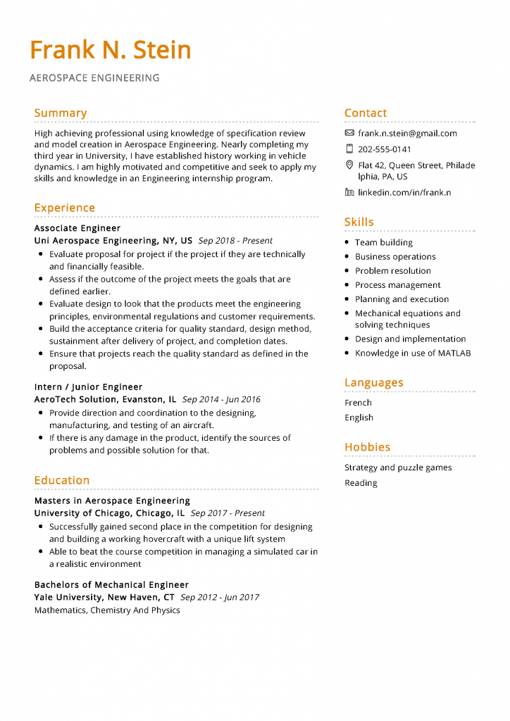 Aerospace Engineering Resume Example & Writing Tips in