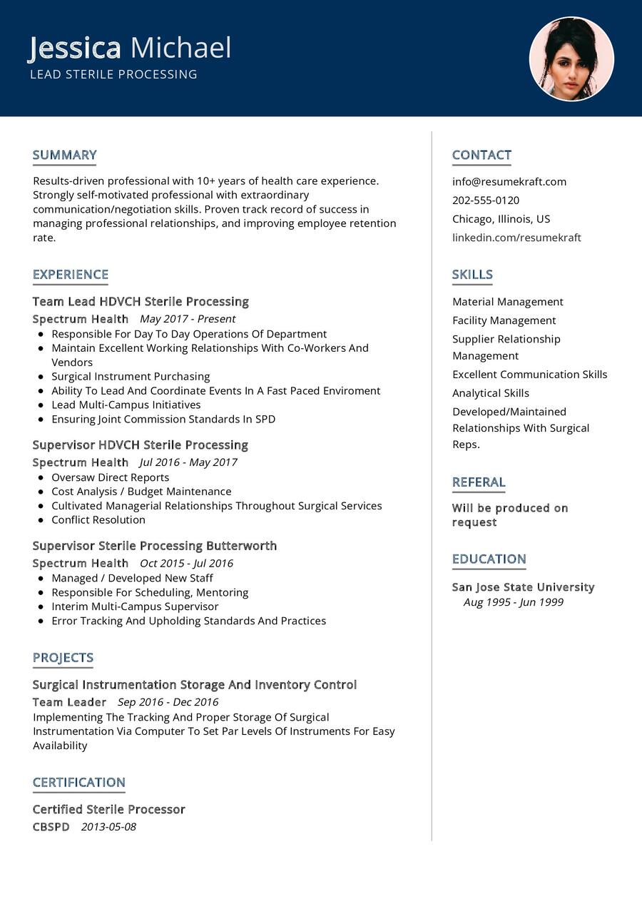 Lead Sterile Processing CV Example in 2024 ResumeKraft