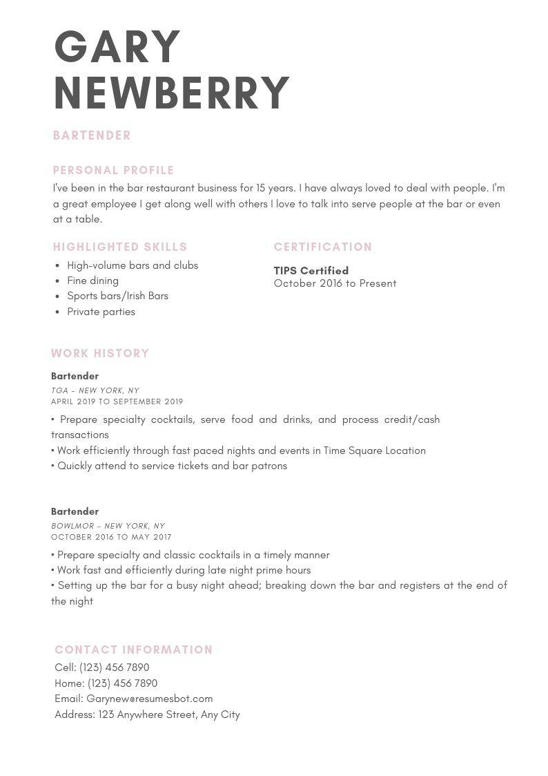 Bartender Resume Samples and Tips [PDF+DOC Templates] 2021 Bartender Resumes Bot