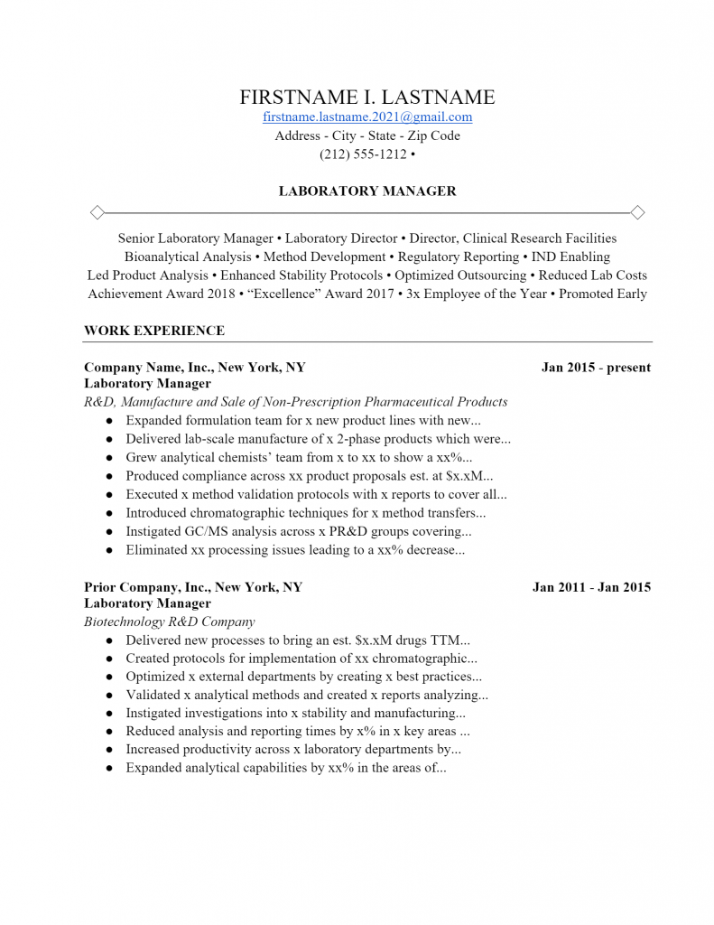 Download Free Lab Manager Resume .Docx (Word) Template on