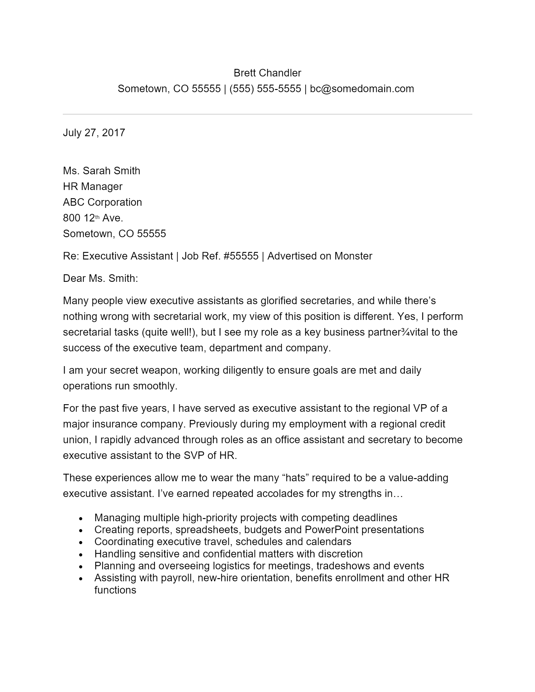 Free Executive Assistant Cover Letter Template & Example on