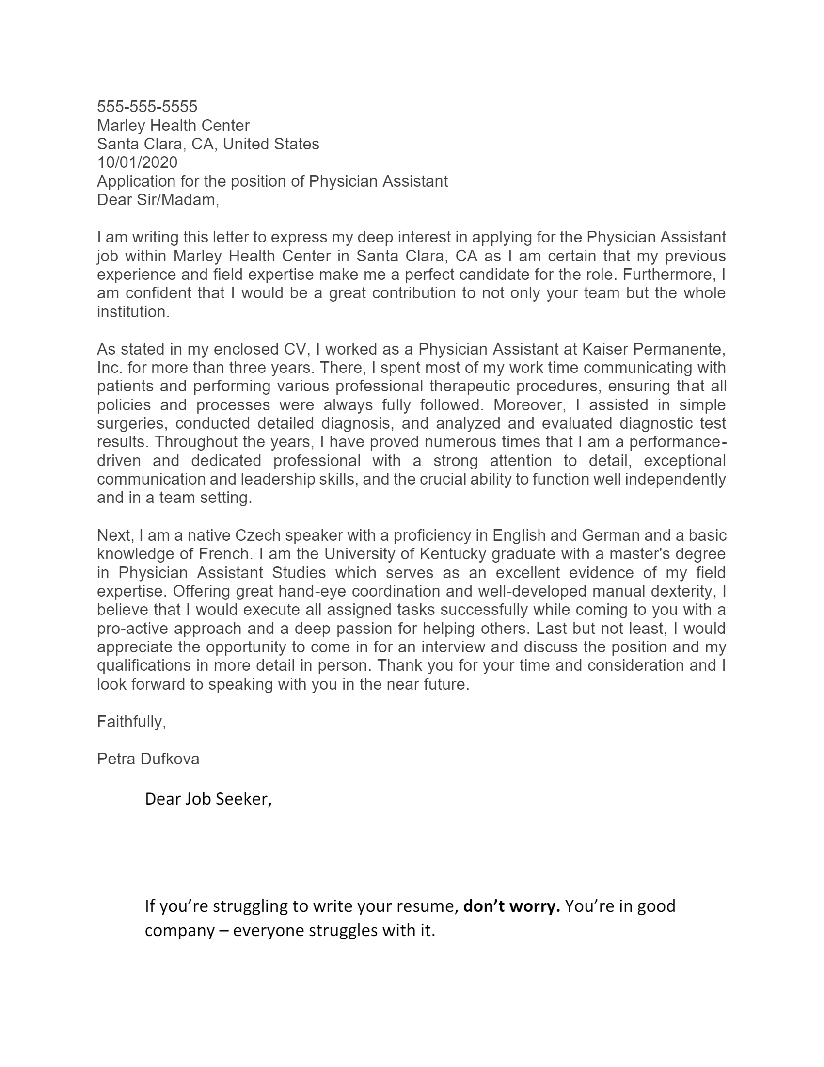 Free Physician Assistant Cover Letter Template & Example on