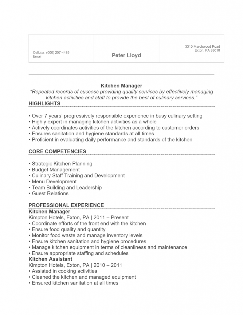 Download Free Kitchen Manager .Docx(Word) Template on