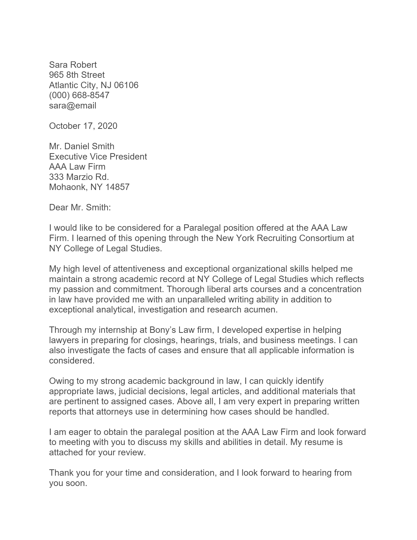 Free Paralegal Cover Letter Template & Example on