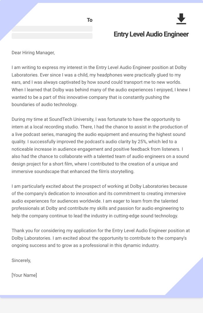 14 Entry Level Audio Engineer Cover Letter Examples Plus Recruiter