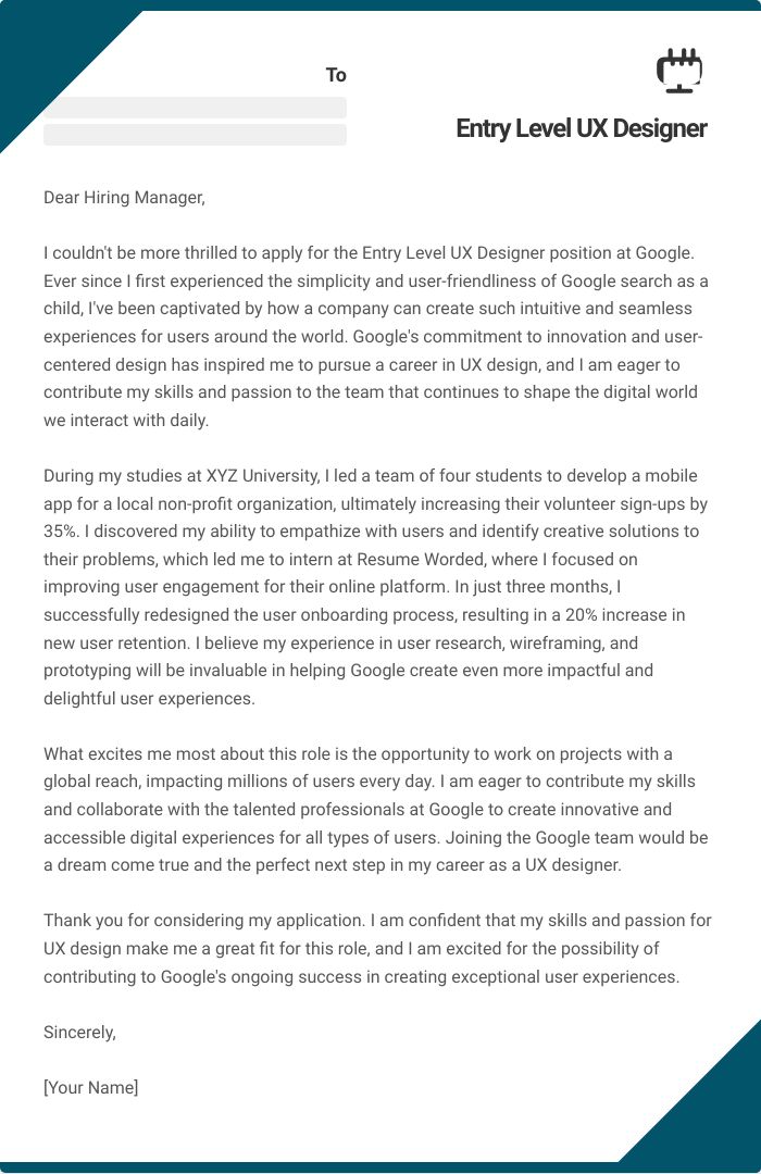 14 Entry Level UX Designer Cover Letter Examples Plus Recruiter