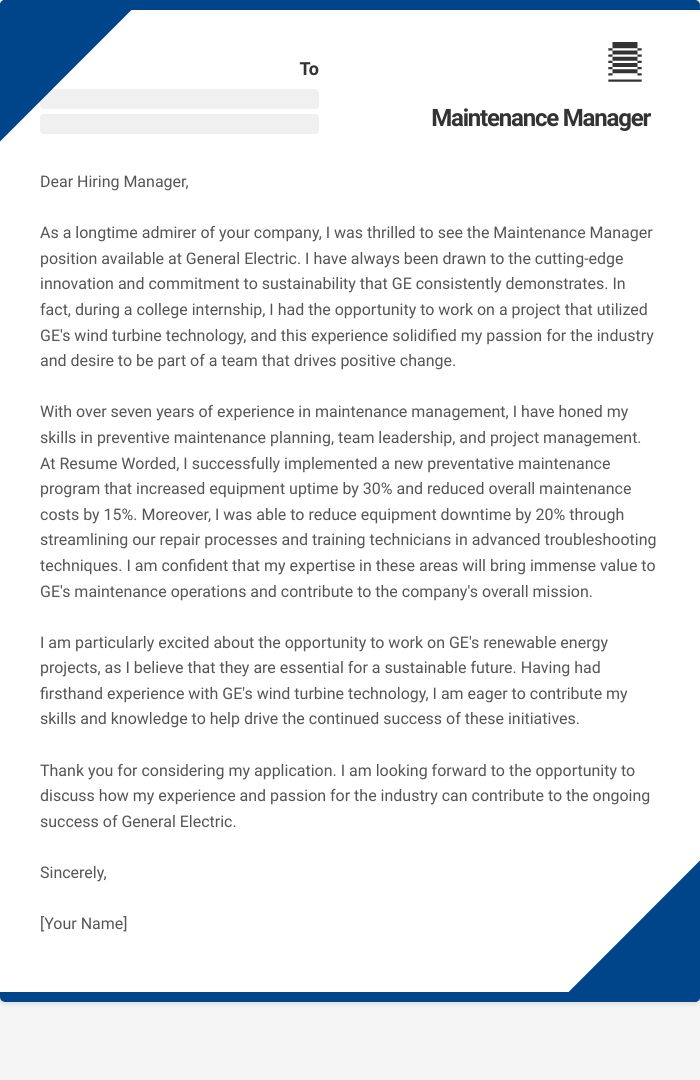 14 Maintenance Manager Cover Letter Examples Plus Recruiter Insights