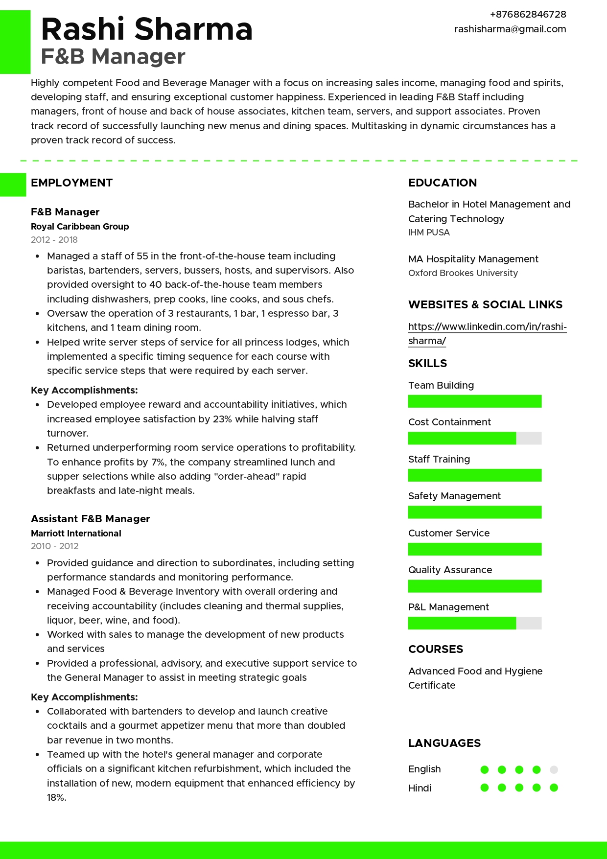 Sample Resume of F&B Manager with Template & Writing Guide Resumod.co
