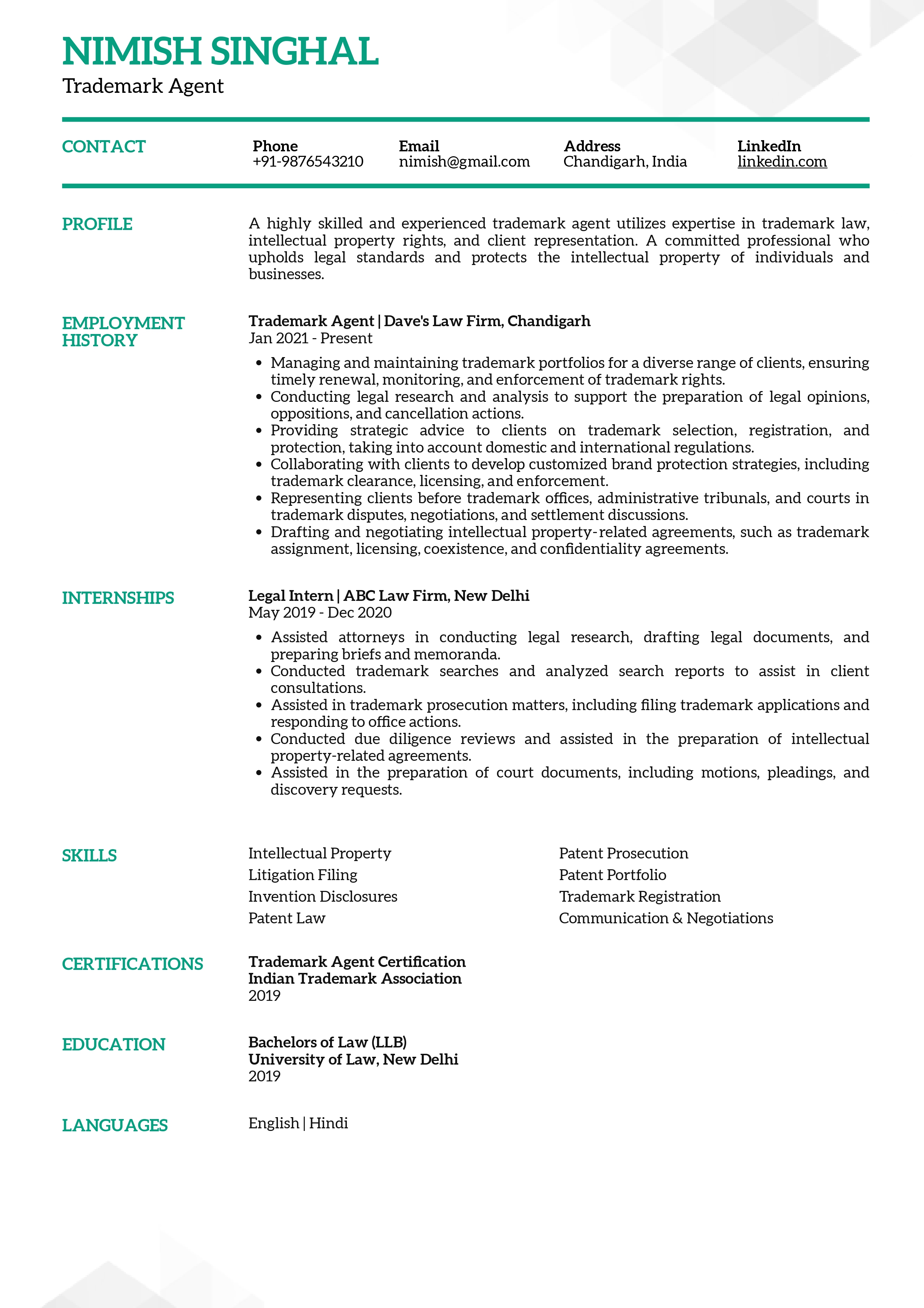 Sample Resume of Trademark Agent with Template & Writing Guide Resumod.co