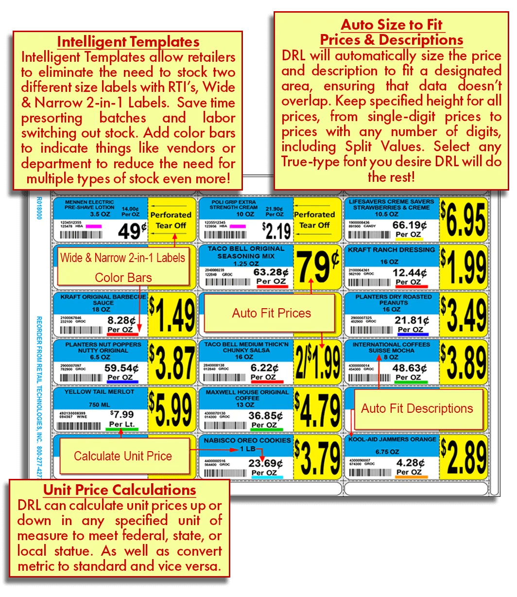 Retail product labels with DESIGN-R-LABELS capabilities featured