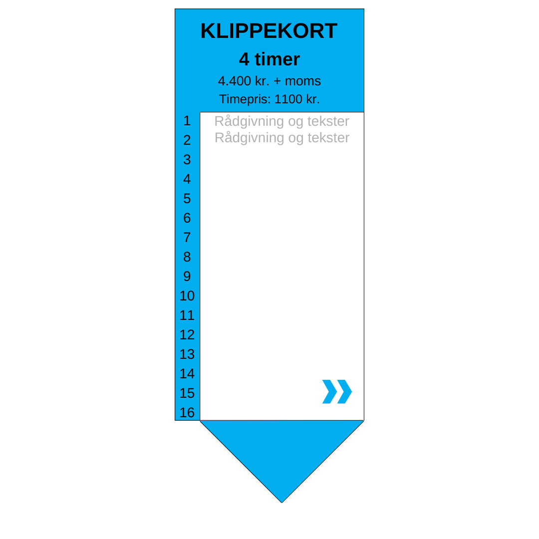 RETNING Klippekort Pris tekstforfatter, kommunikationsrådgiver