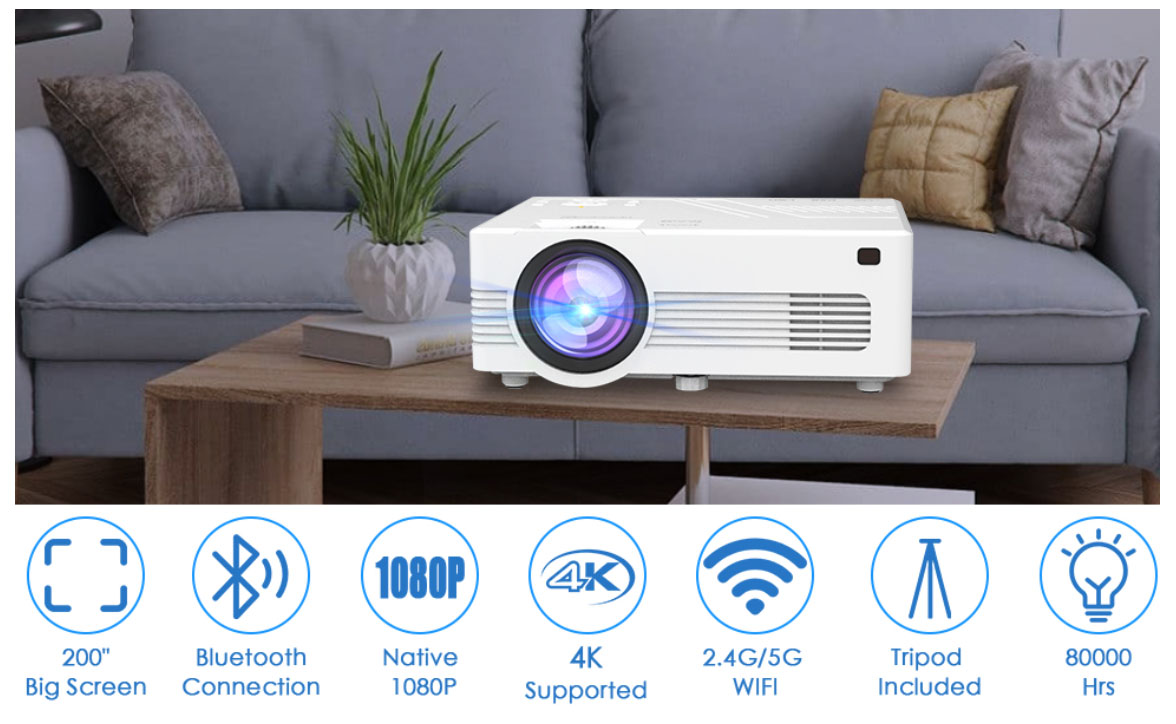 מקרן HD 1080P קומפקטי Vecupou Mini Projector with 5G WiFi and Bluetooth