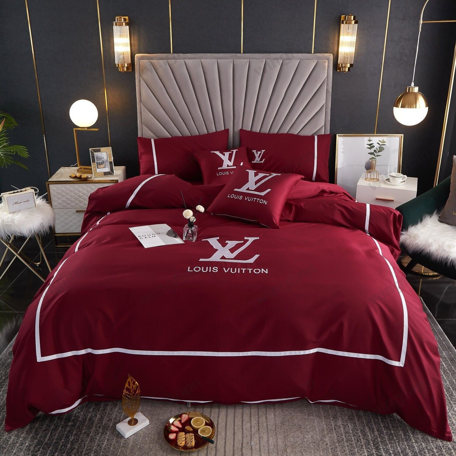 Louis Vuitton Basic Logo in Red Background Bedding Set Queen REVER LAVIE