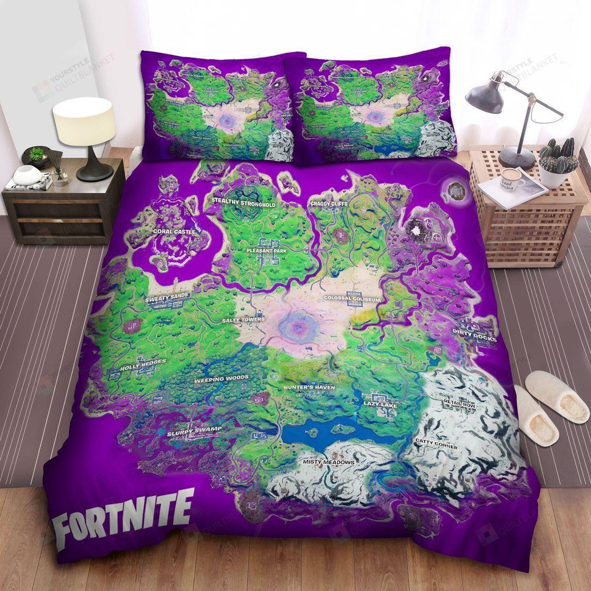 Fortnite Map In Purple Background Bedding Set Full REVER LAVIE