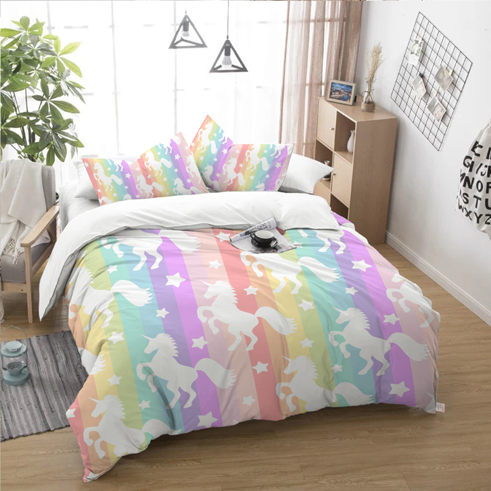 Unicorn Pattern In Rainbow Stripes Background Bedding Set Full REVER