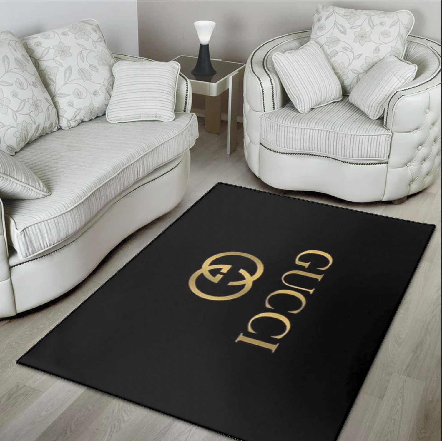 Gucci Golden Logo In Black Background Area Rug REVER LAVIE