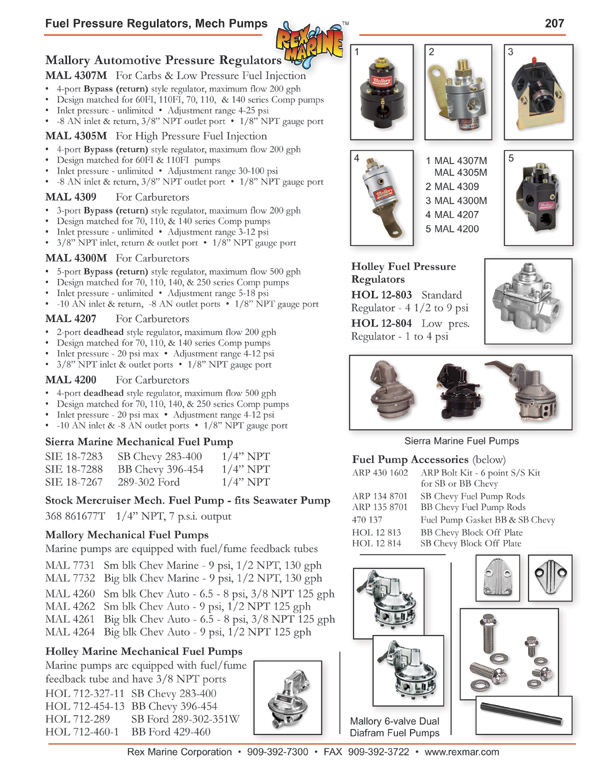 Mallory Fuel Pressure Regulators, 4307M, 4305M, 4309, 4300M, 4207, 4200