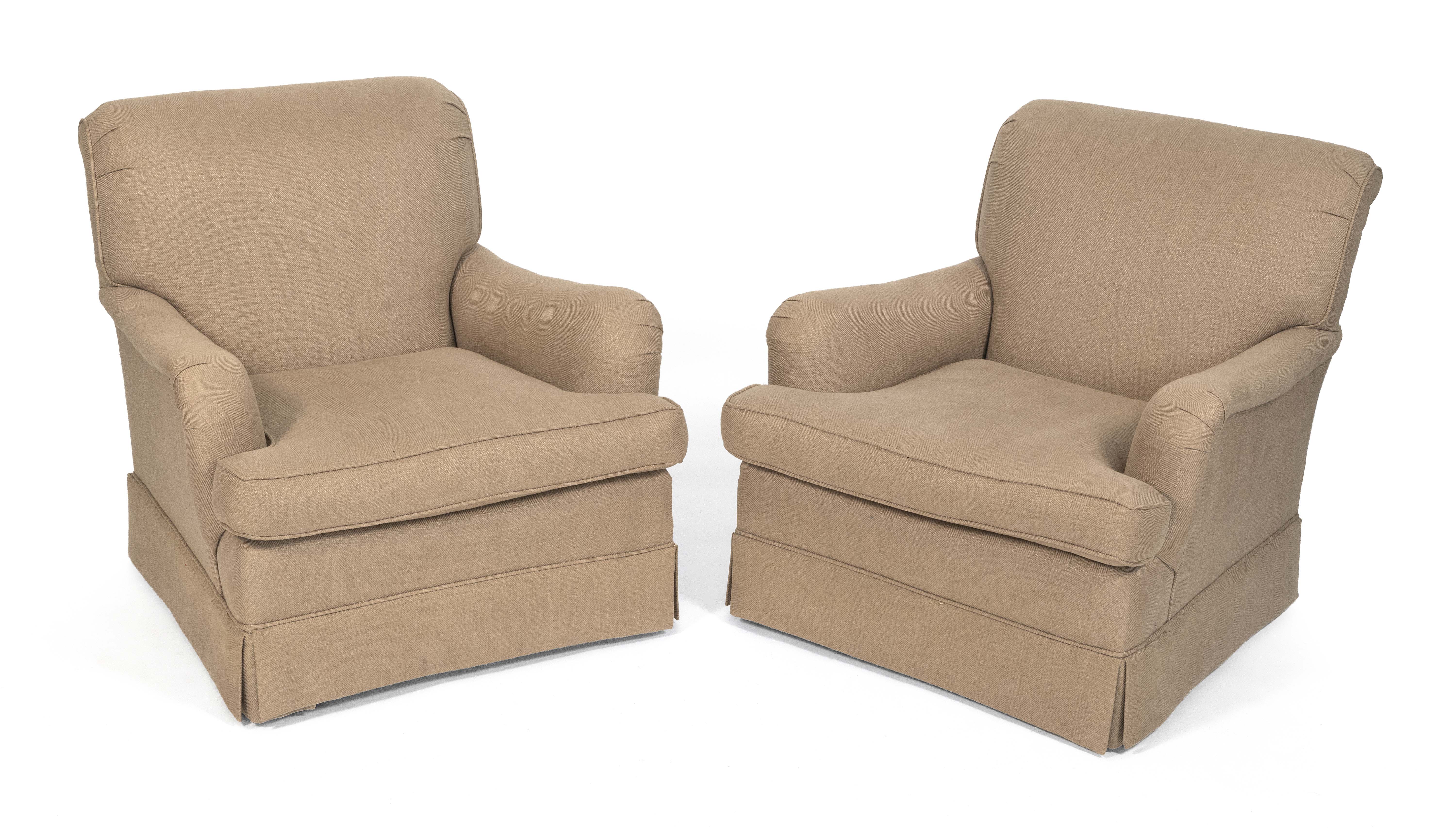 PAIR OF OVERSTUFFED ARMCHAIRS Contemporary Back heights 32.5”. Seat