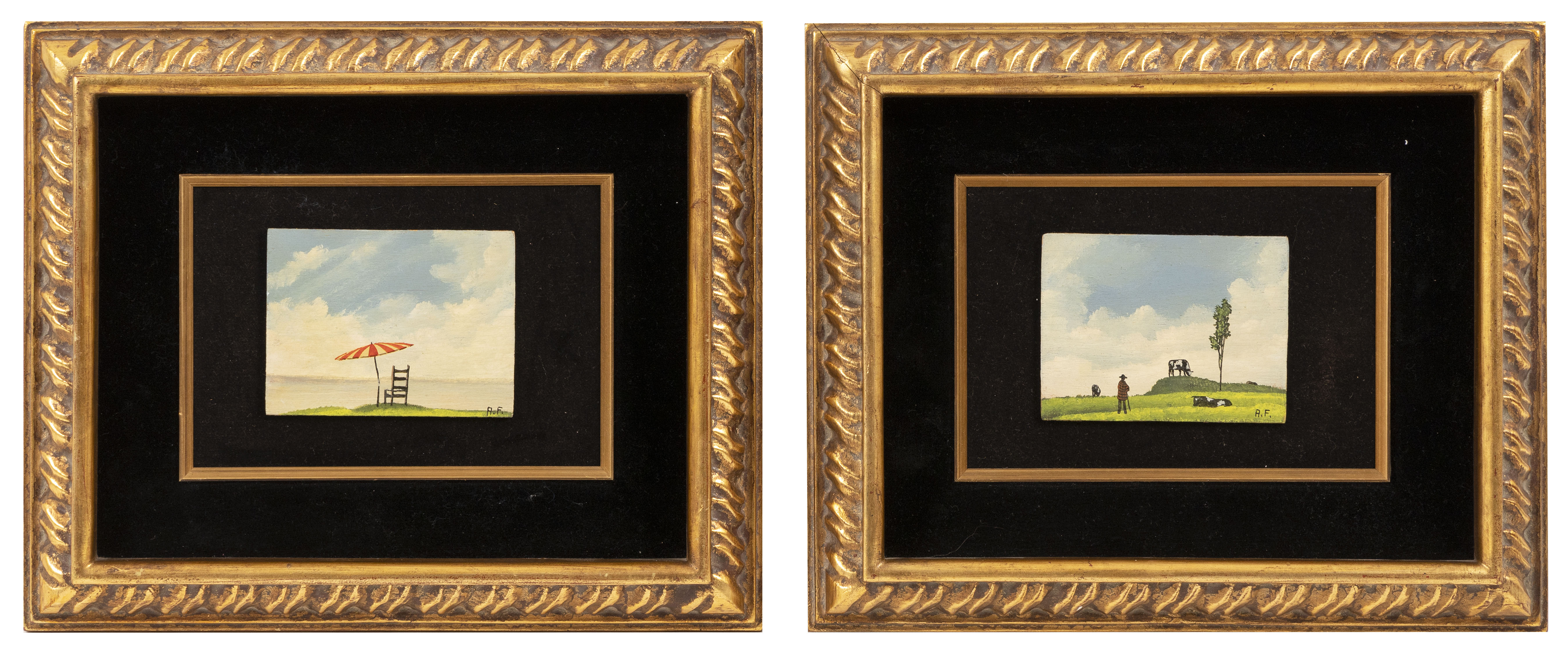 TWO MINIATURE PAINTINGS Oils on board, 3" x 4". Framed 10.5" x 12".