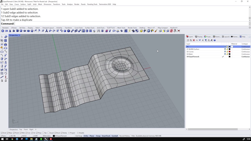 Rhino 3D v7 QuadRemesh a Quick Introduction