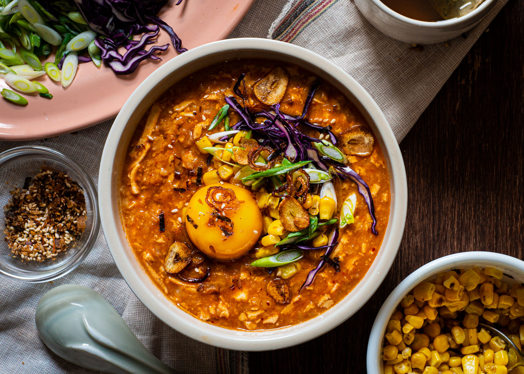 Gochujang Congee with Shredded Tofu Rhubarb & Cod