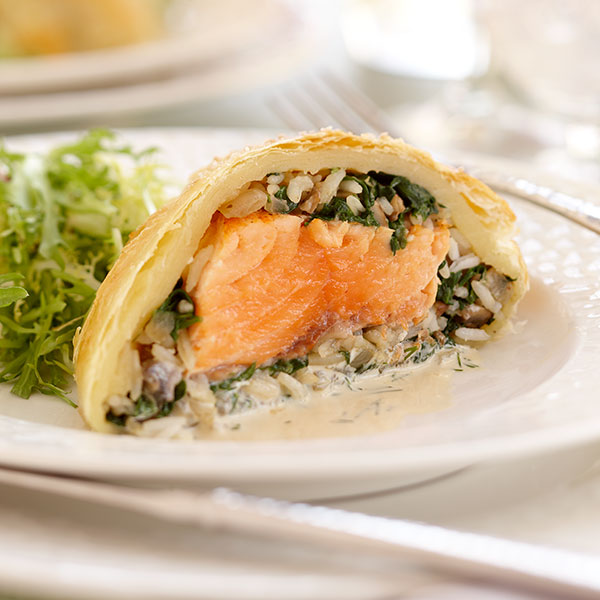Salmon and Rice Stuffed Pastry with Dill Sauce Think Rice (Canada)
