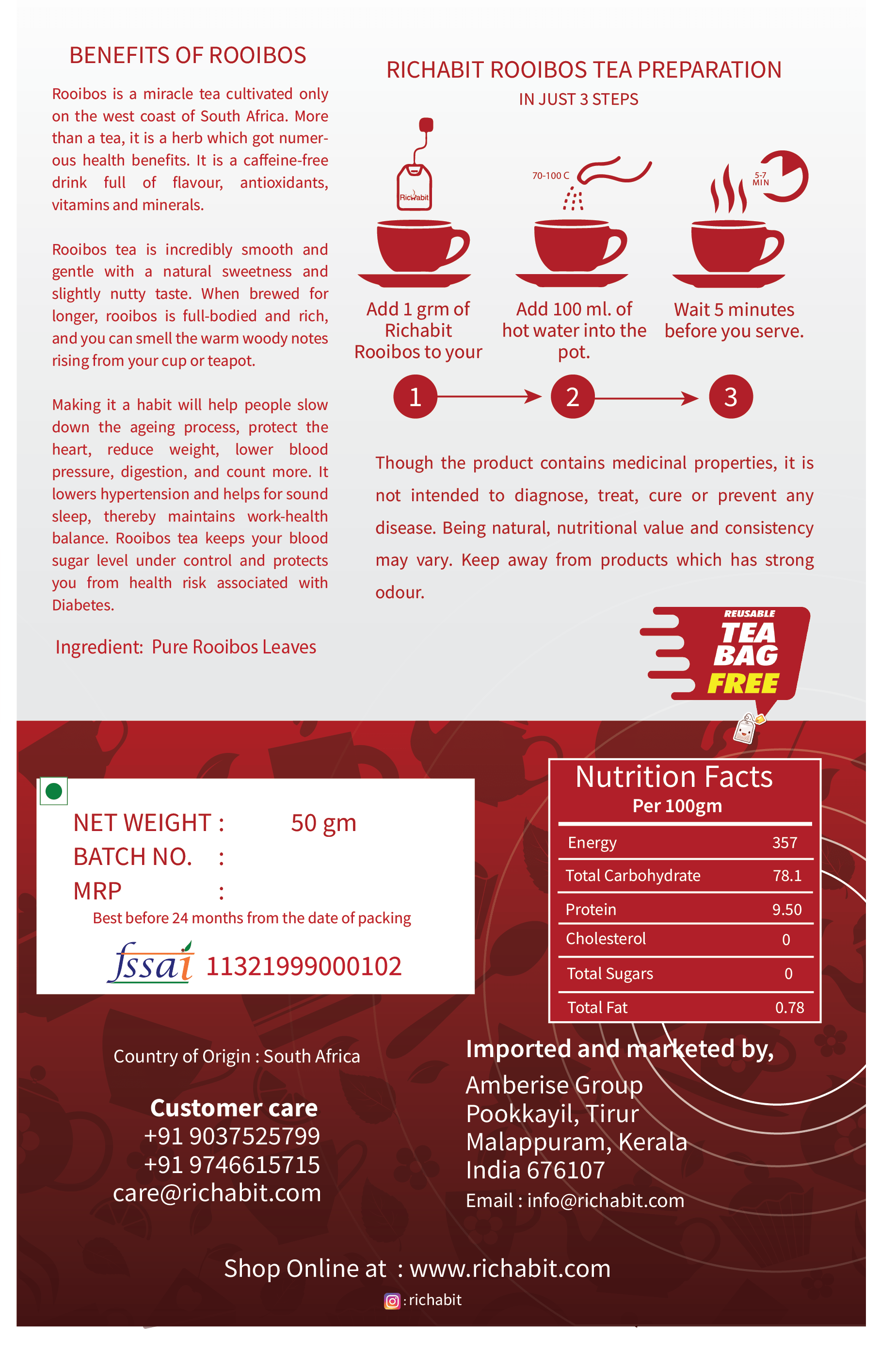 Richabit South African Rooibos Tea Caffeine Free Vacuum Sealed for Freshness Rooibos Tea