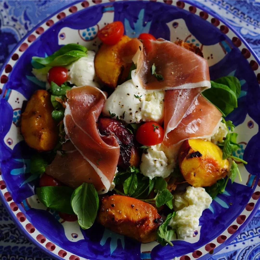 Mozzarella and roasted peach salad on toasted ciabatta recipe Rick Stein