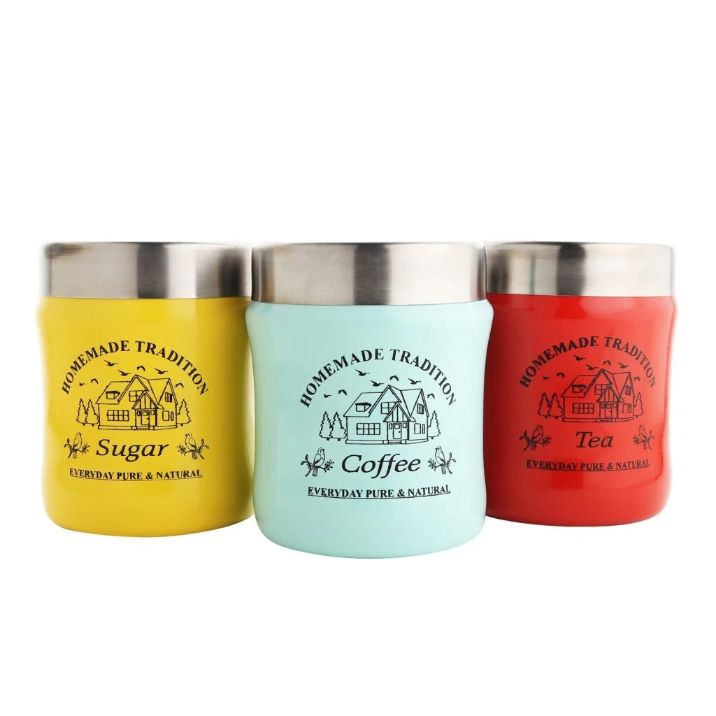 Stainless Steel Tea Coffee Sugar Canister Set of 3, 750 Ml Rident Kitchen