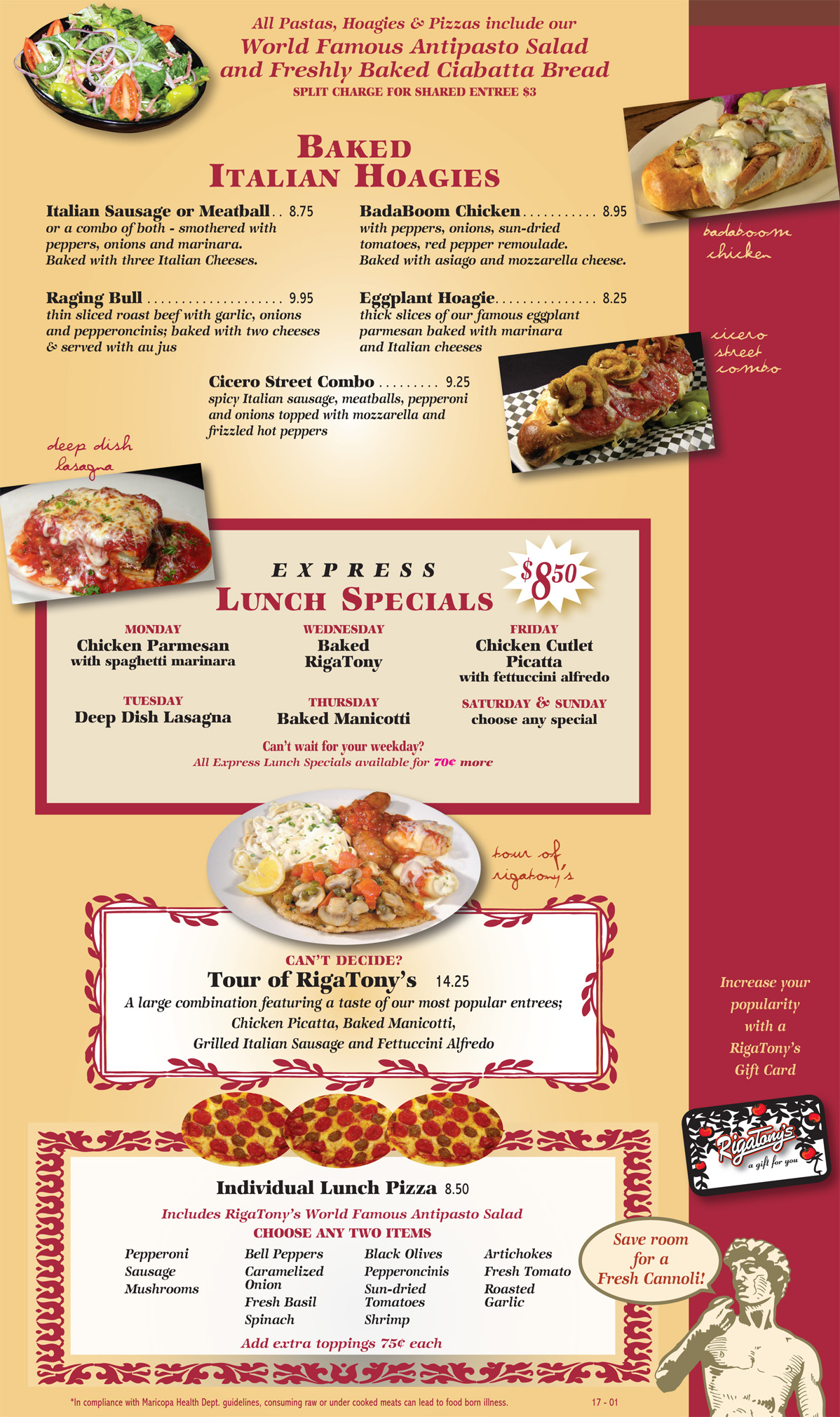 Lunch Menu Italian Restaurant Tempe RigaTony's Authentic Italian