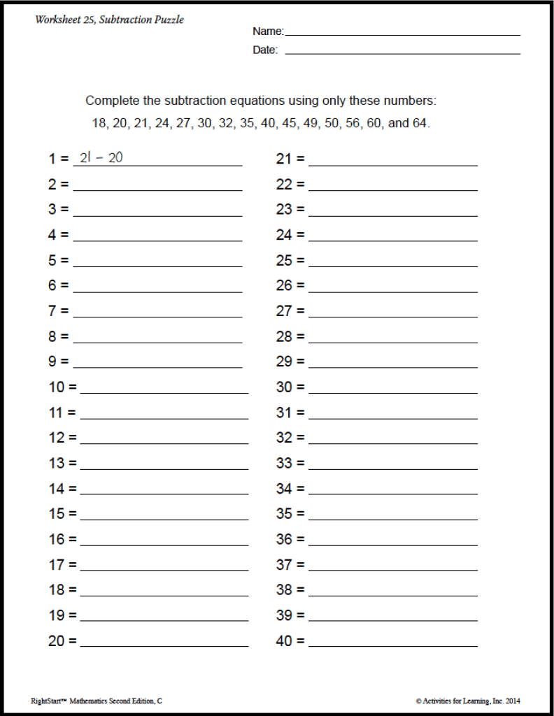 RS2 Level C, Lesson 53 Subtraction Puzzle RightStart™ Mathematics by Activities for Learning
