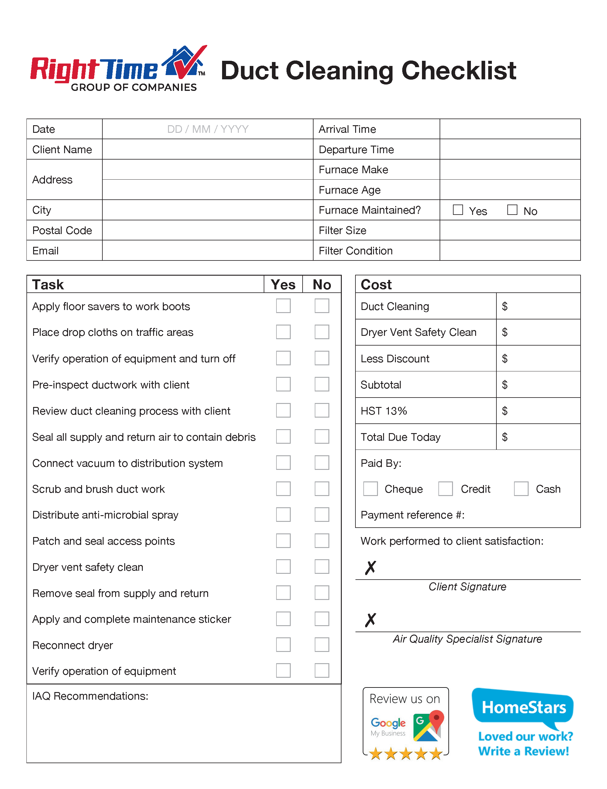 Duct Cleaning Checklist Right Time Print Orders