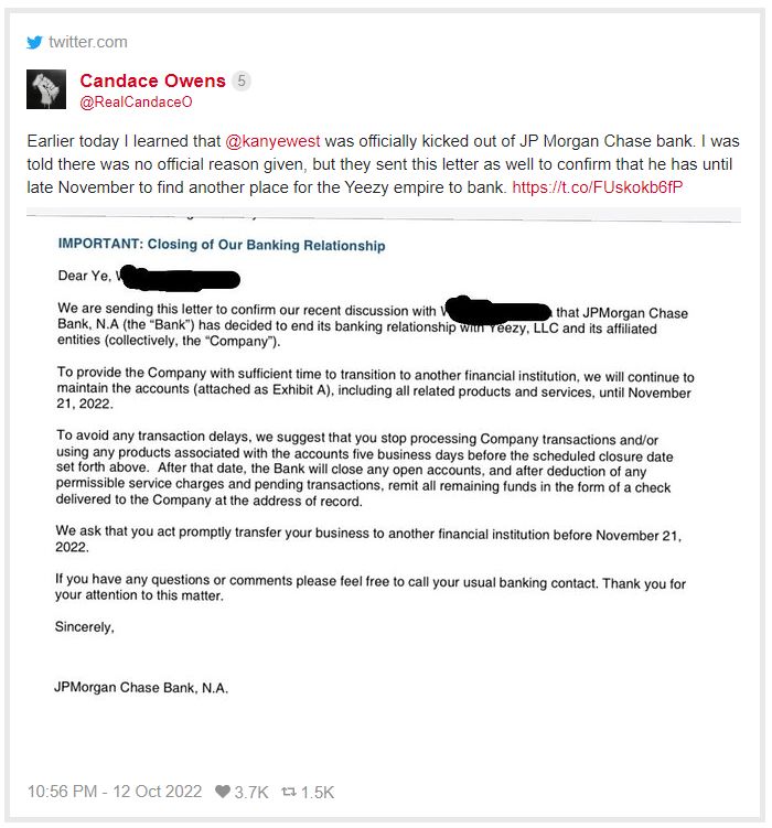 Kanye’s accounts kicked out of Chase Bank… Right Turn News