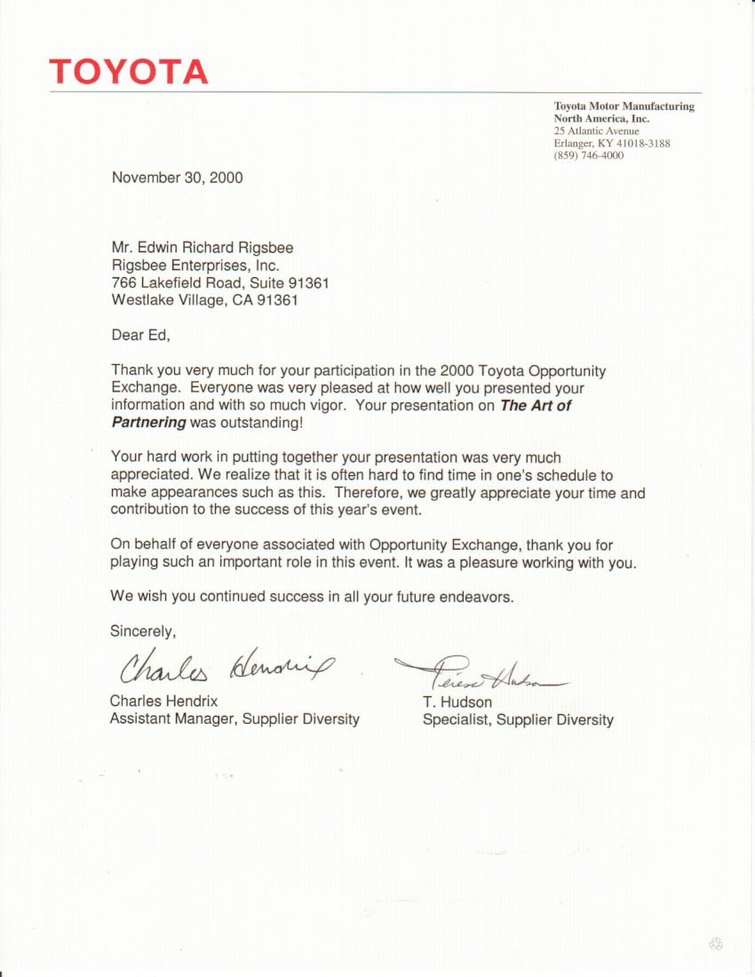 Toyota_letter Ed Rigsbee association and membership growth