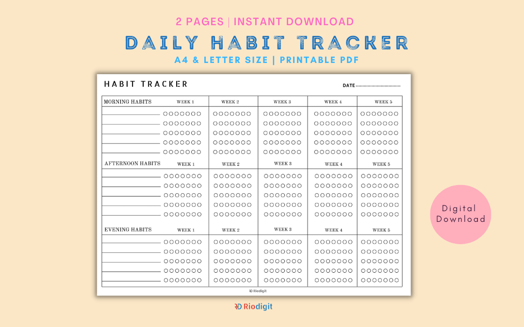 Daily Habit Tracker Printable - Riodigit: Design assets Printables