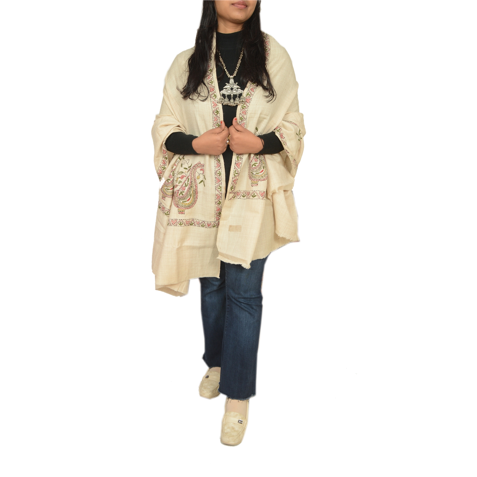 Sanskriti vintage Crema Lana Chal Bufanda Estola De Trabajo Kantha