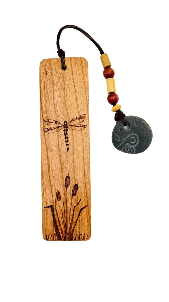 Cherry Wood Pyrography Bookmark Aroostook River Dragonfly Riverbed Art