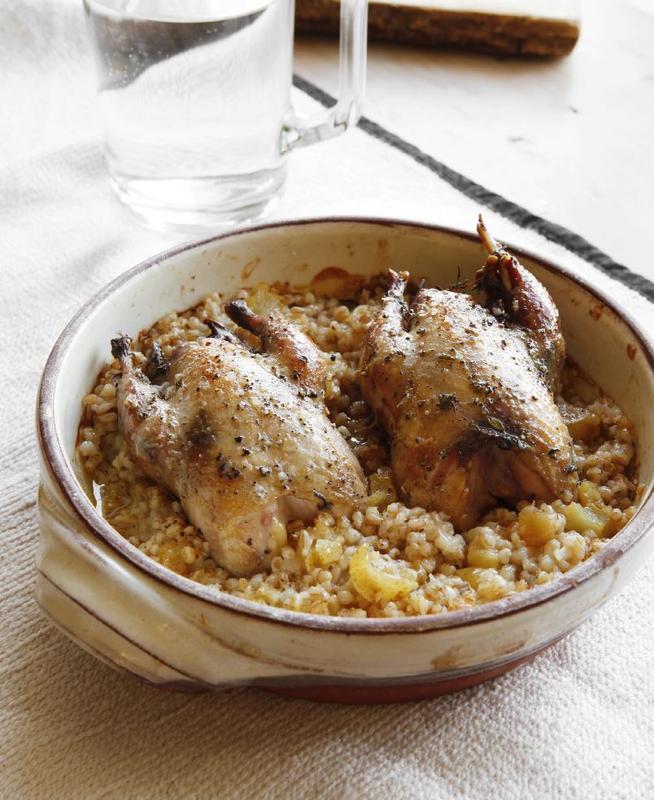 Spelt, partridge, dried pears River Cottage