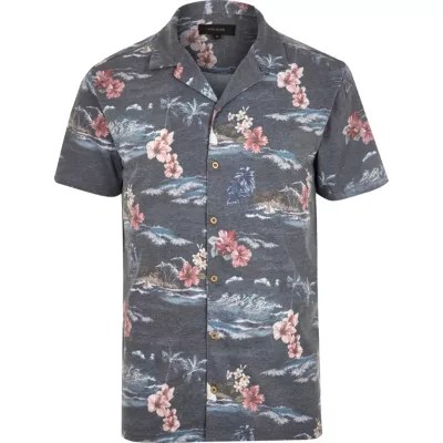 Navy Hawaiian print polo shirt short sleeve shirts shirts men