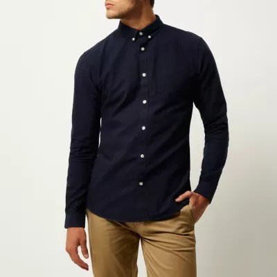 Navy casual slim fit Oxford shirt Long Sleeve Shirts Shirts men