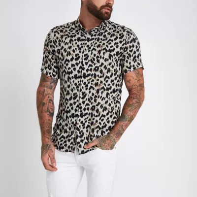 Grey leopard print revere slim fit shirt Short Sleeve Shirts Shirts