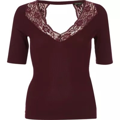 Dark red lace trim top plain tshirts / vests t shirts / vests