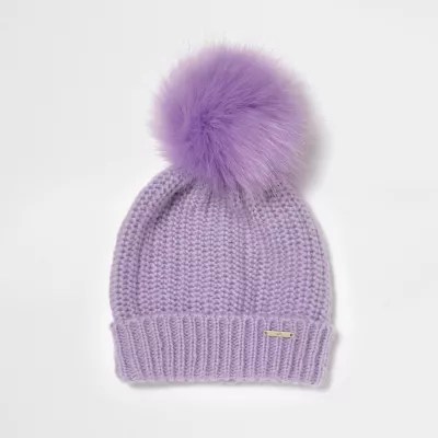 Lilac faux fur bobble pom pom beanie hat Accessories Sale women
